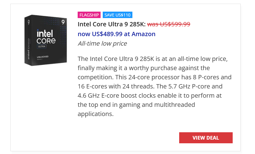 Intel旗舰酷睿Ultra 9 285K降至有史以来最低价 3开头即可入手